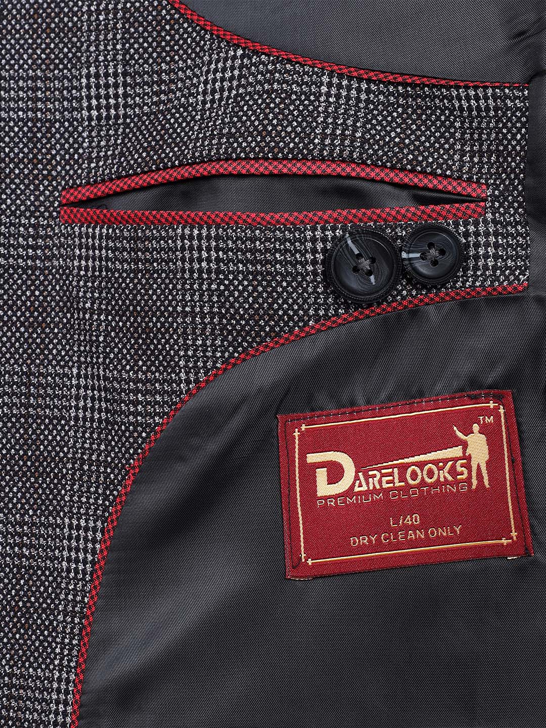 Darelooks Men's Slim Fit Checked Tweed Blazer for Office Wear (Black)