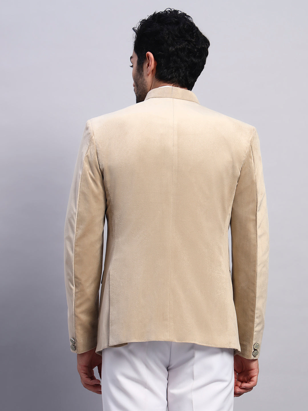 Men's Beige Velvet Bandhgala Party Wear Blazer