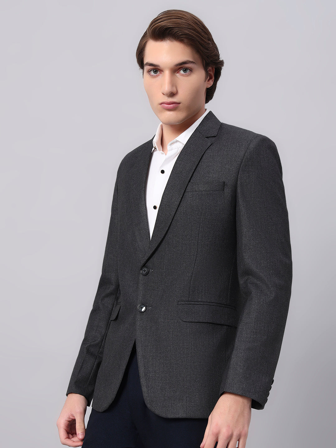 Modern professional outfit with charcoal grey blazer
