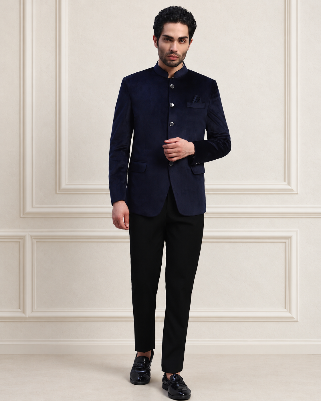 Men's Blue Velvet Bandhgala Party Wear Blazer