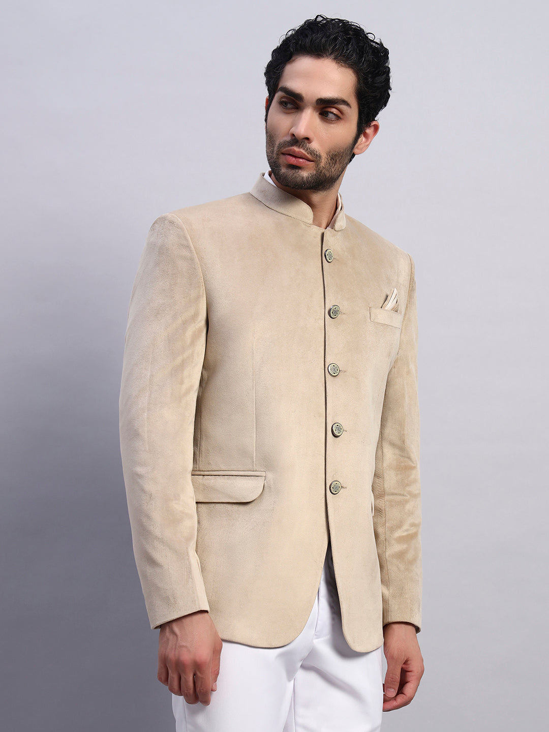 Men's Beige Velvet Bandhgala Party Wear Blazer