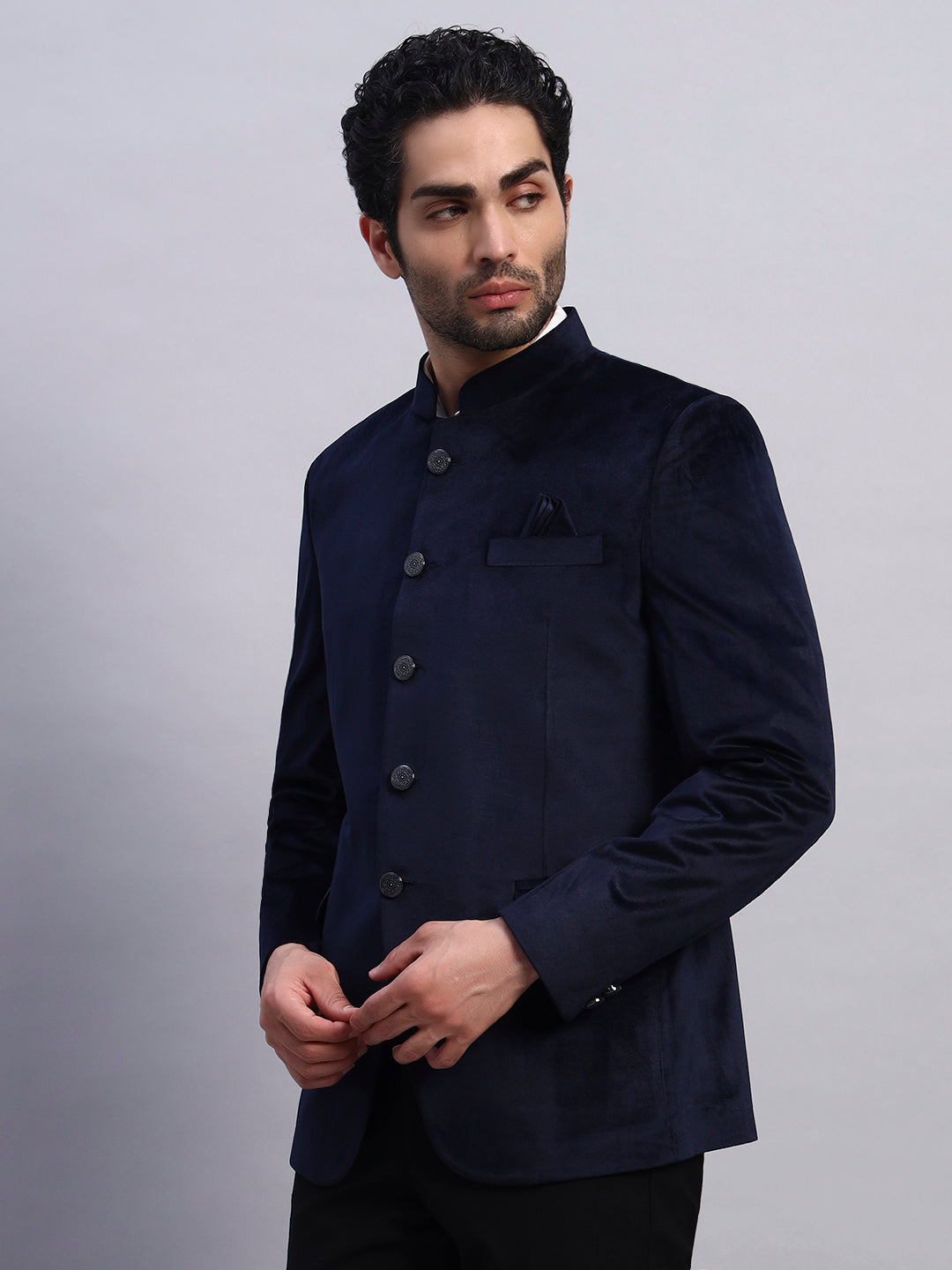 Men's Blue Velvet Bandhgala Party Wear Blazer