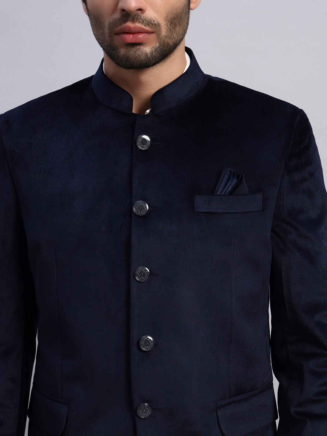 Men's Blue Velvet Bandhgala Party Wear Blazer