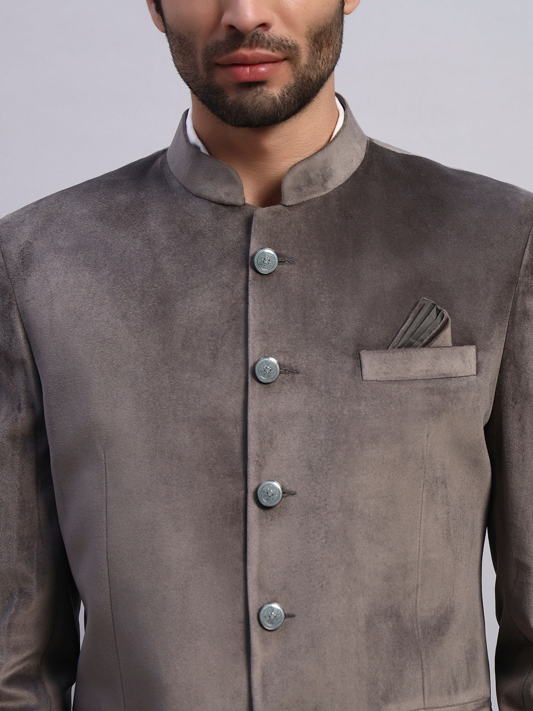 Men's Grey Velvet Bandhgala Party Wear Blazer