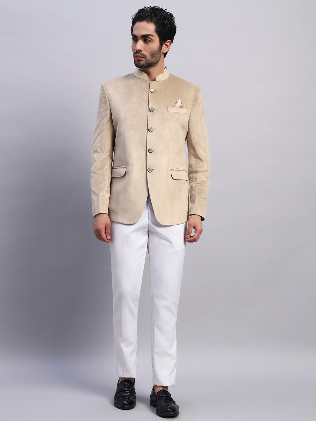 Men's Beige Velvet Bandhgala Party Wear Blazer