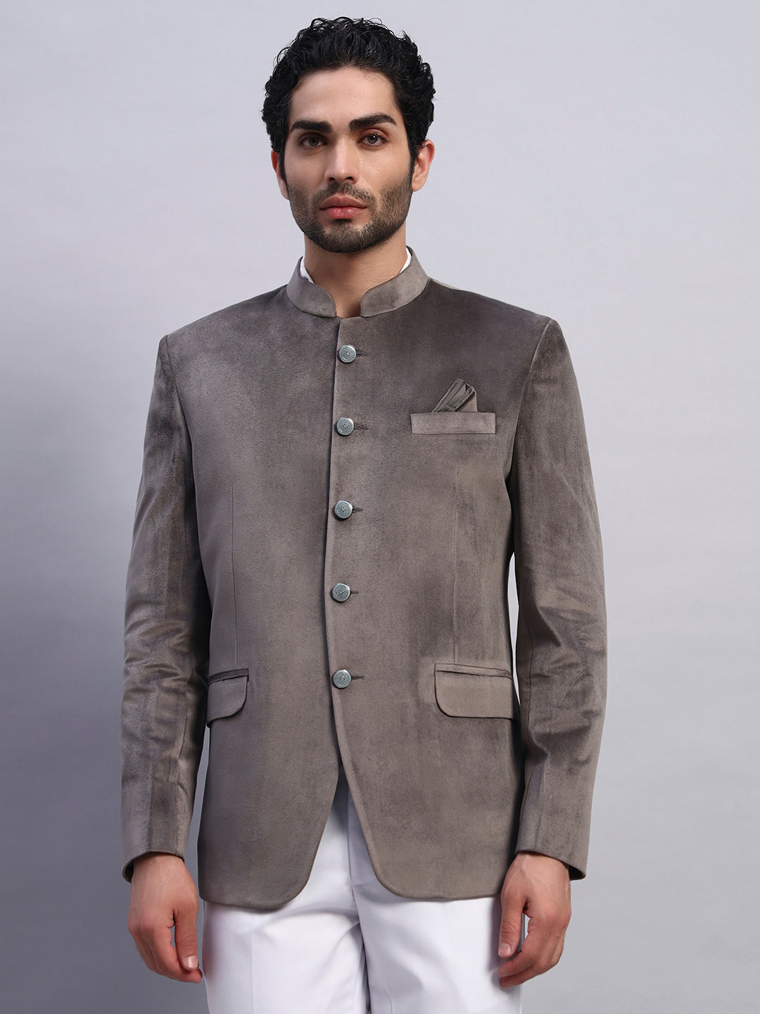 Men's Grey Velvet Bandhgala Party Wear Blazer