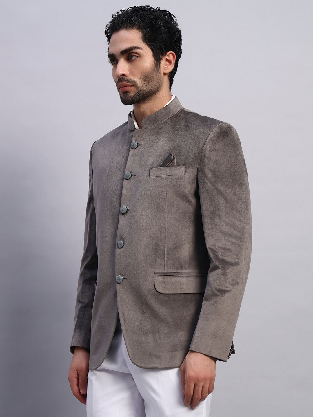 Men's Grey Velvet Bandhgala Party Wear Blazer