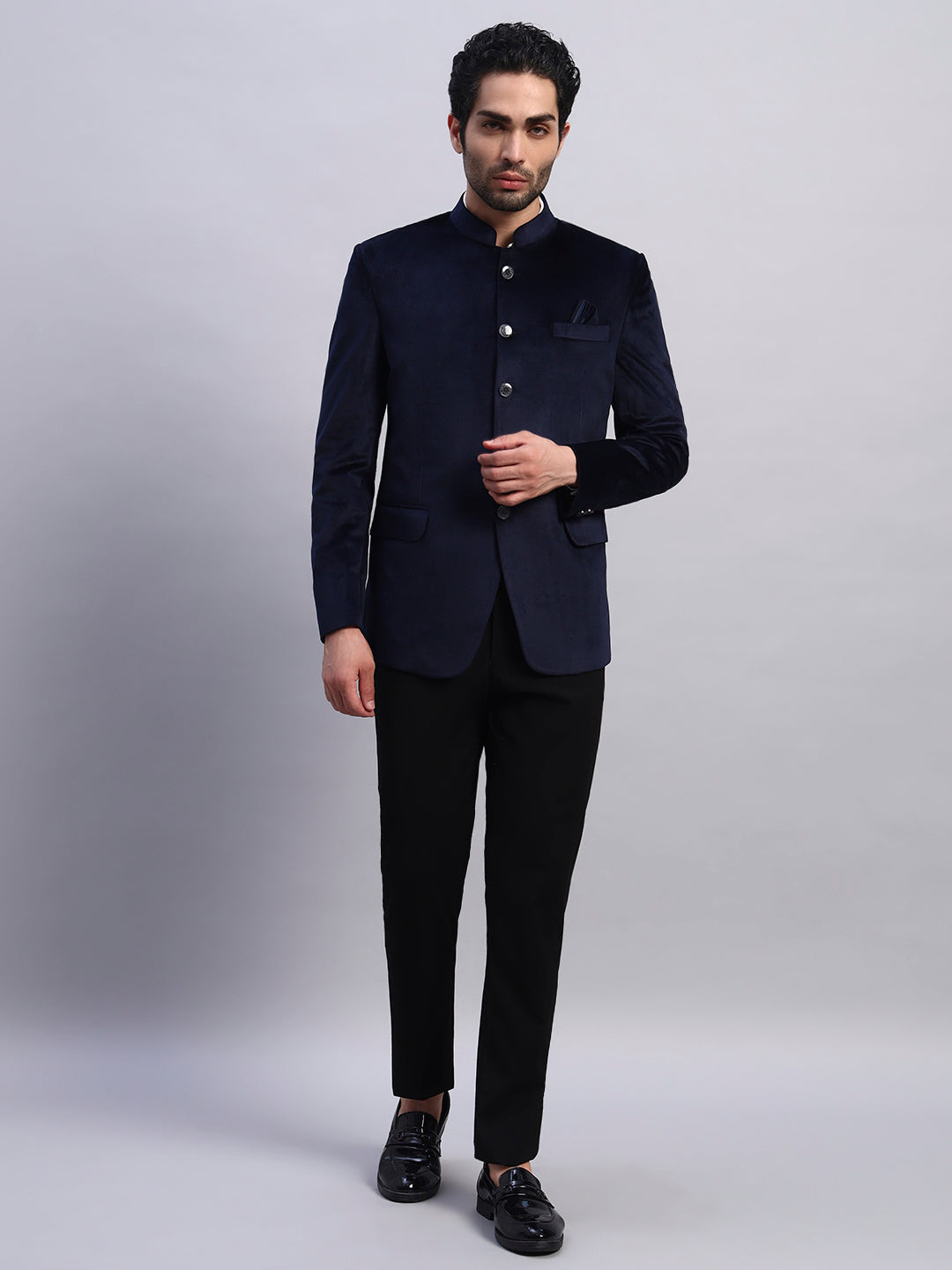 Men's Blue Velvet Bandhgala Party Wear Blazer