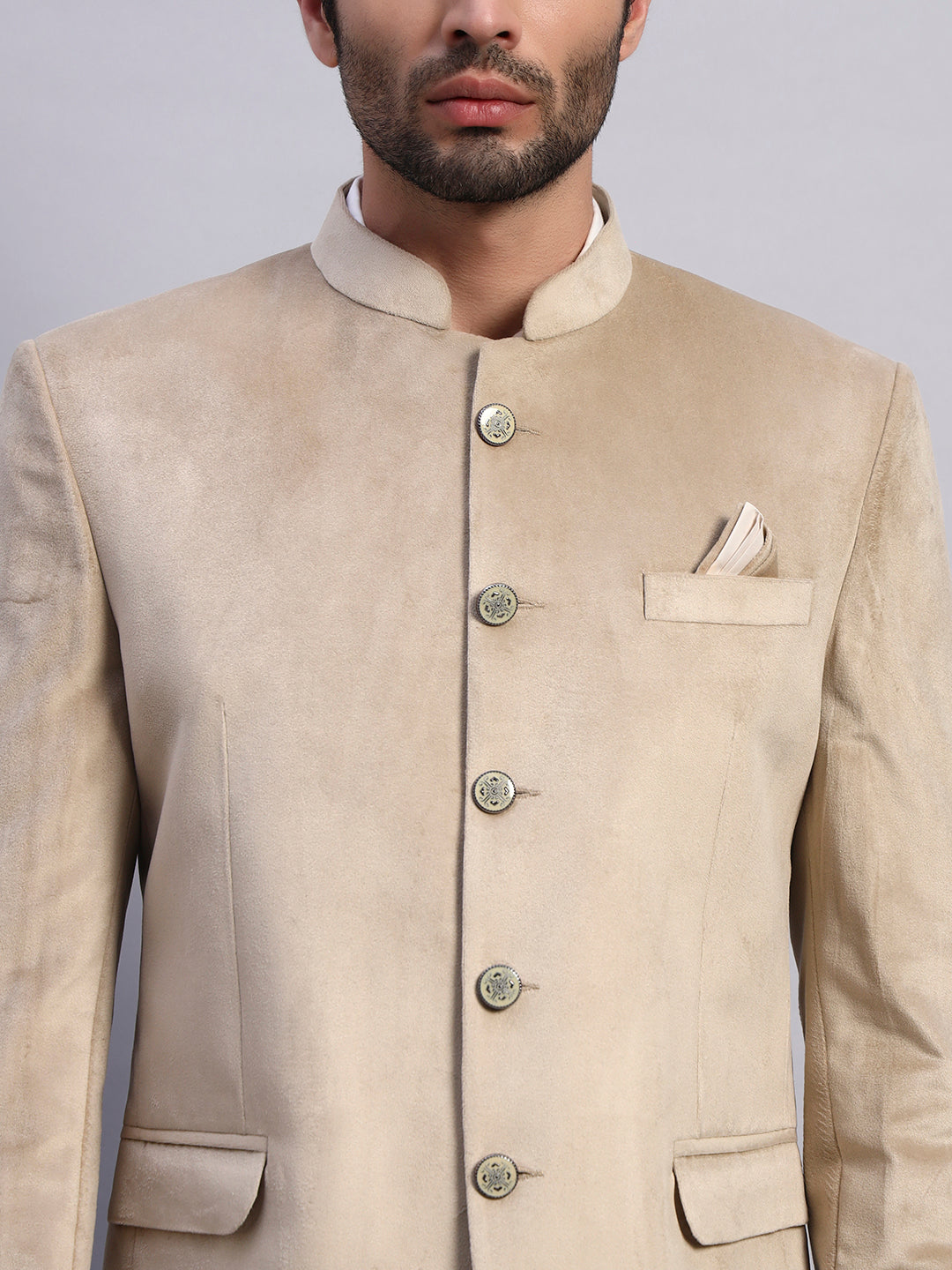 Men's Beige Velvet Bandhgala Party Wear Blazer