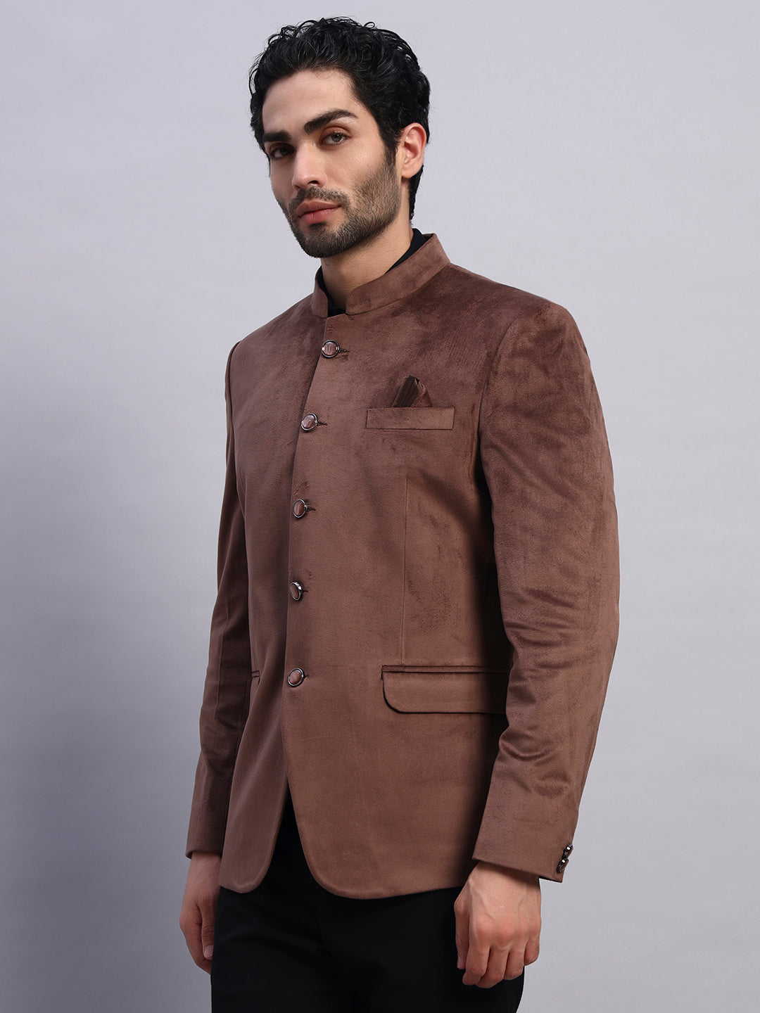 Men's Brown Velvet Bandhgala Party Wear Blazer
