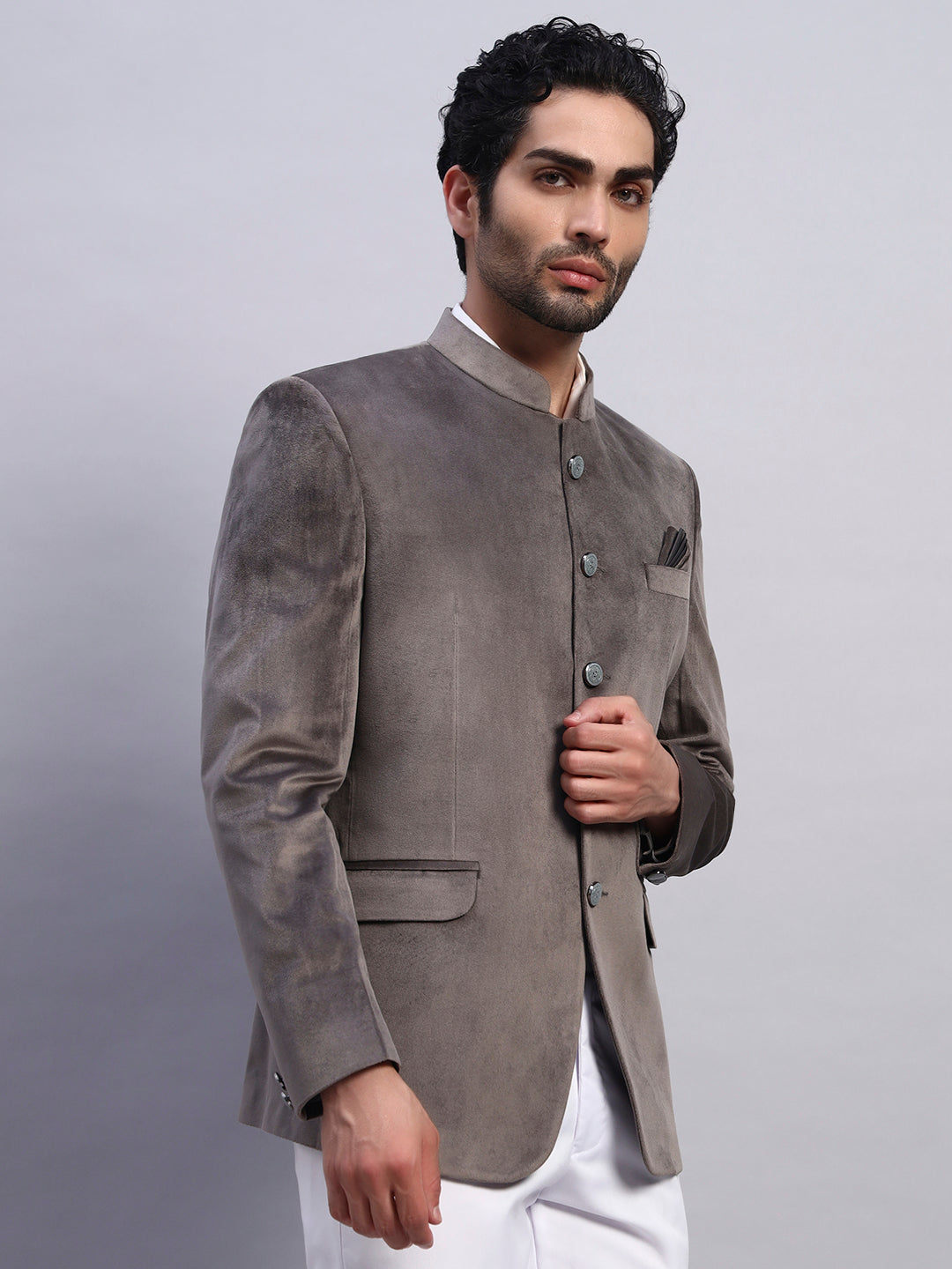 Men's Grey Velvet Bandhgala Party Wear Blazer