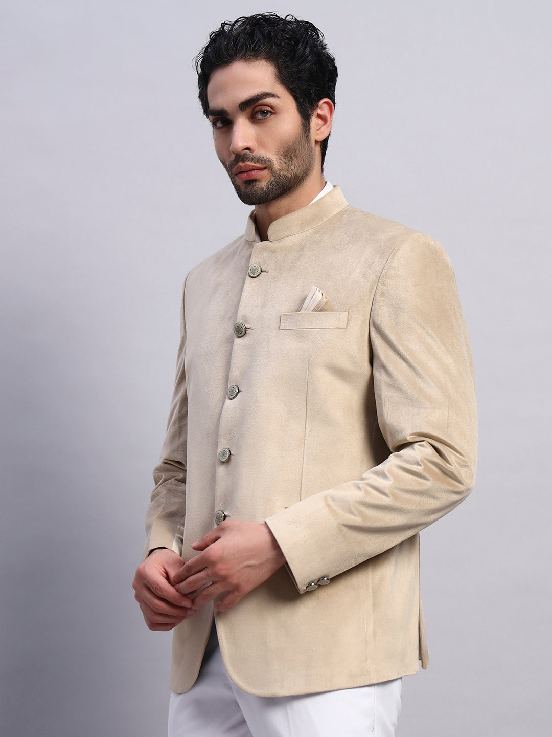 Men's Beige Velvet Bandhgala Party Wear Blazer