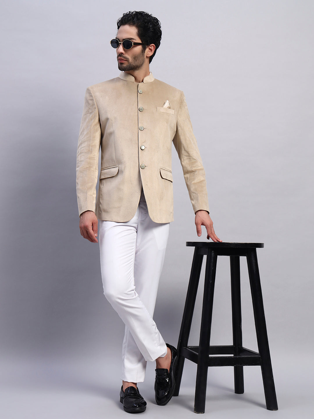 Men's Beige Velvet Bandhgala Party Wear Blazer