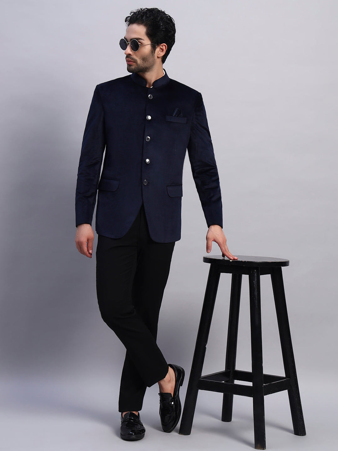 Men's Blue Velvet Bandhgala Party Wear Blazer