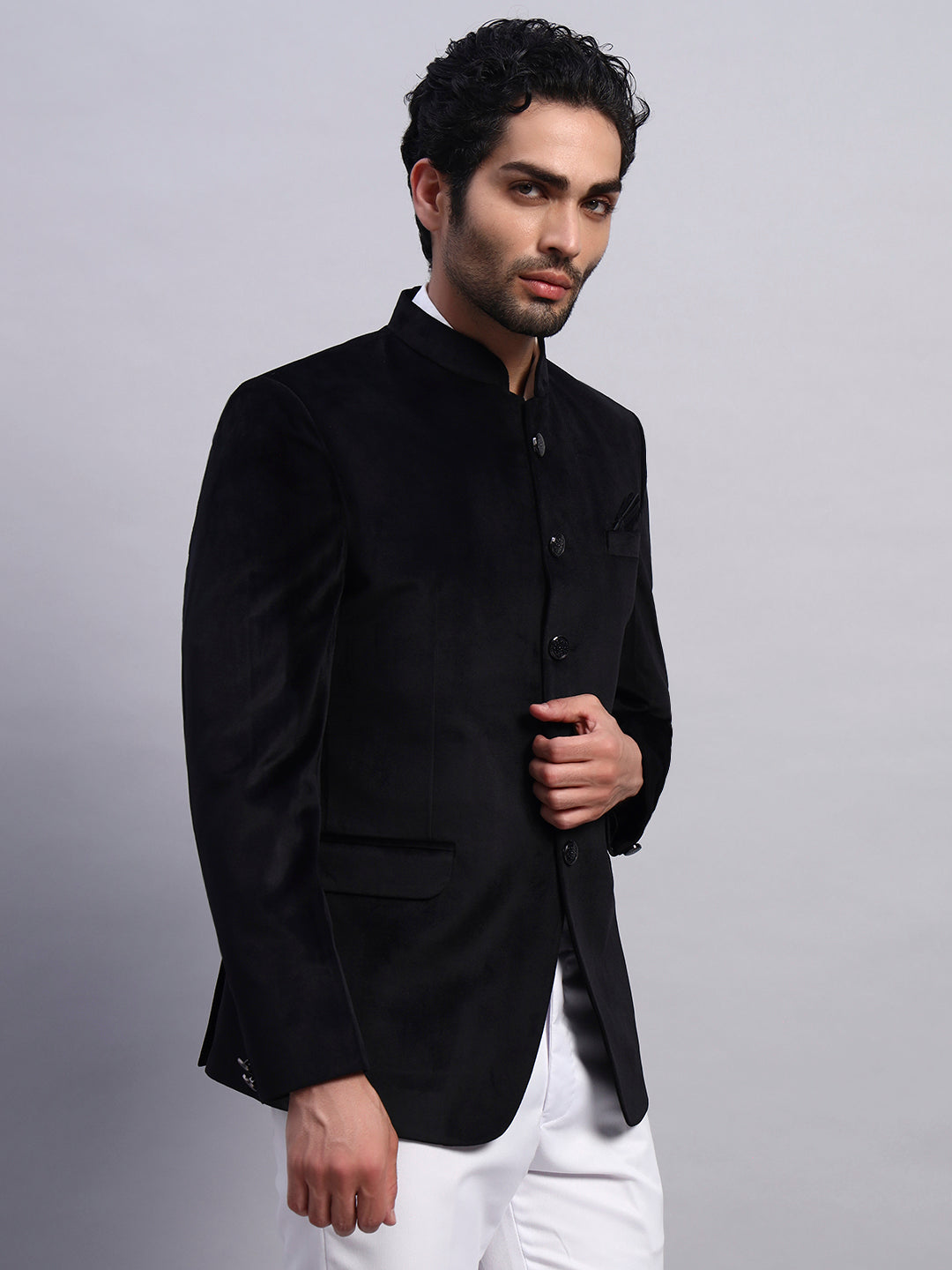Men's Black Velvet Bandhgala Party Wear Blazer
