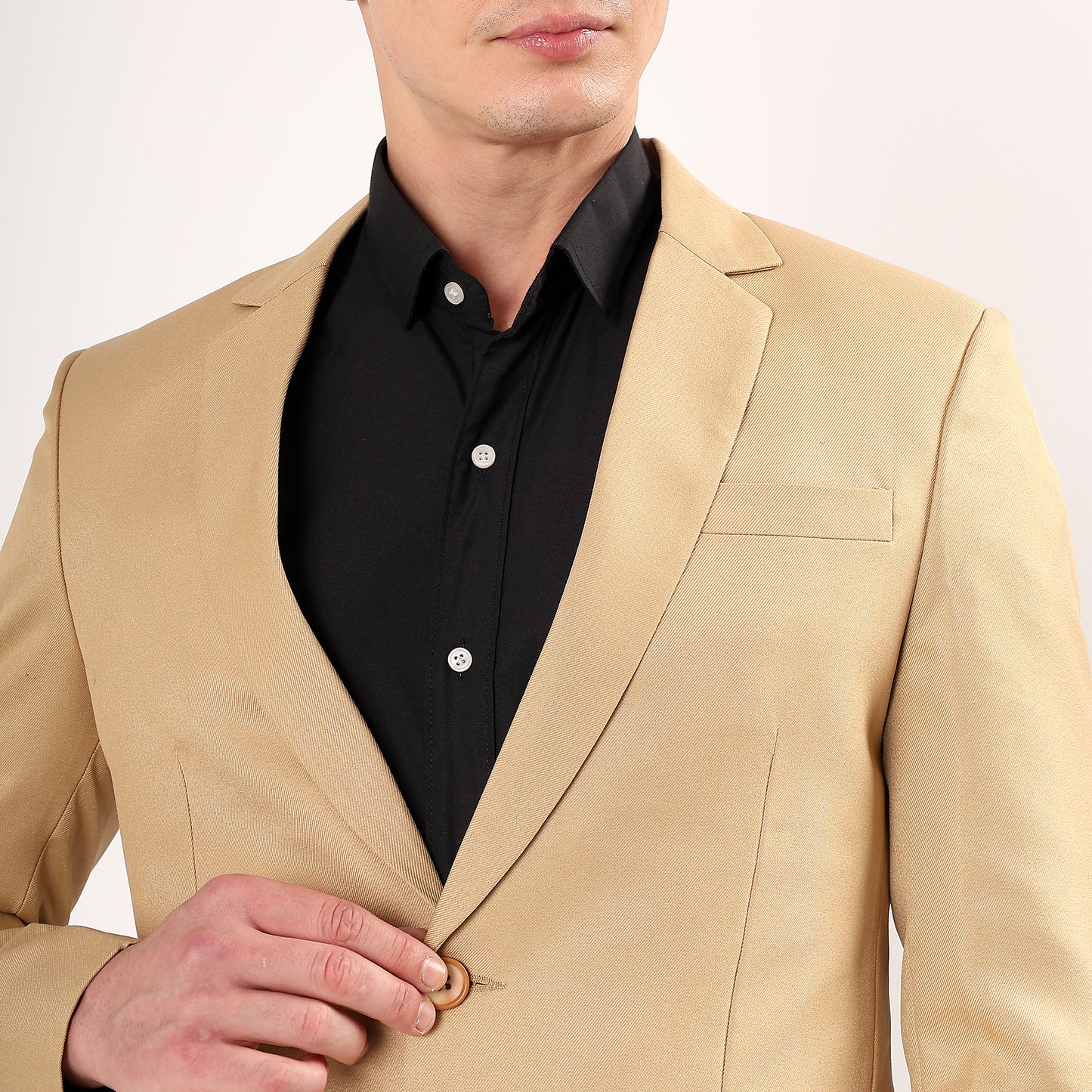 Men’s beige polyester blazer by Darelooks tailored with notch lapel two button closure and breathable comfort