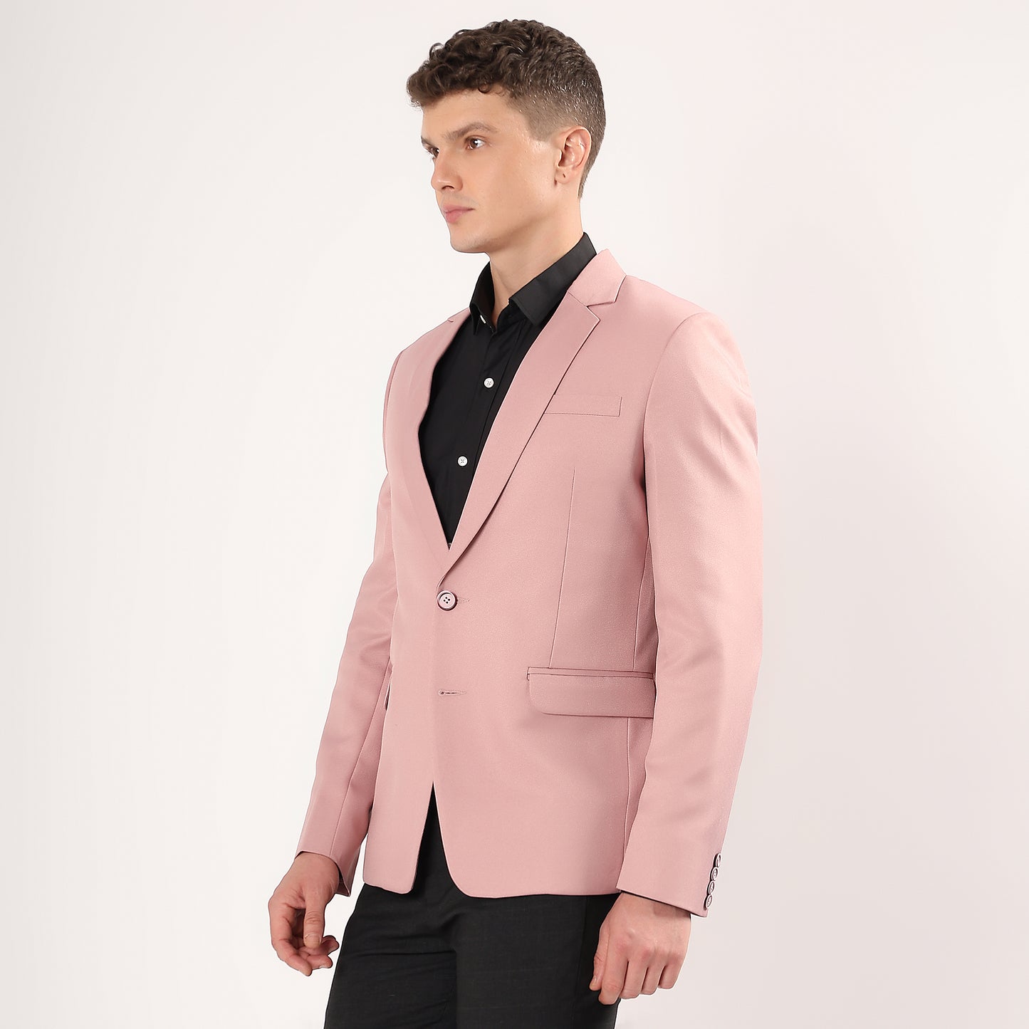 Detail of two button closure on Darelooks pastel pink blazer refined tailoring in smooth polyester