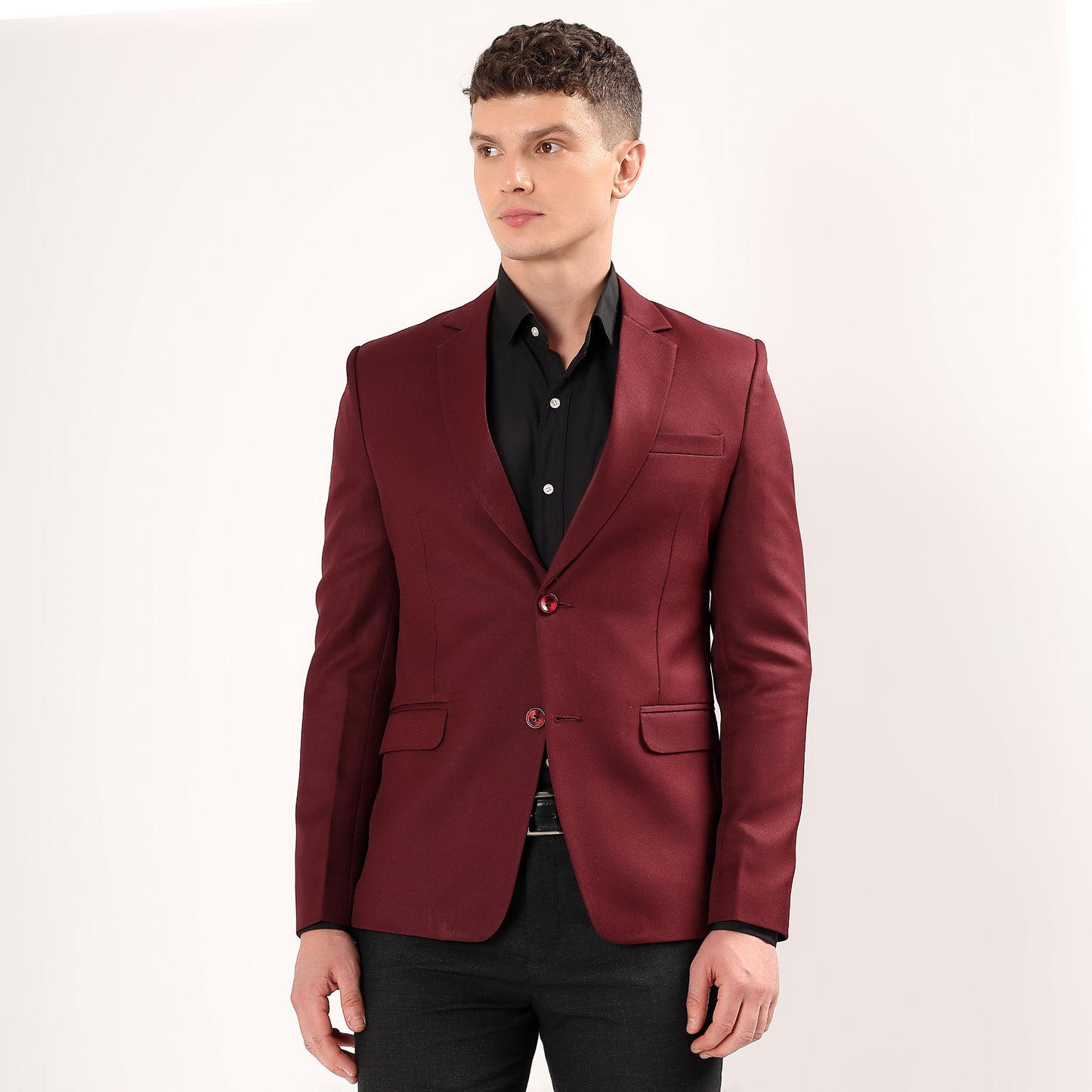 Model wearing Darelooks wine blazer tailored silhouette in rich polyester fabric perfect for receptions and events