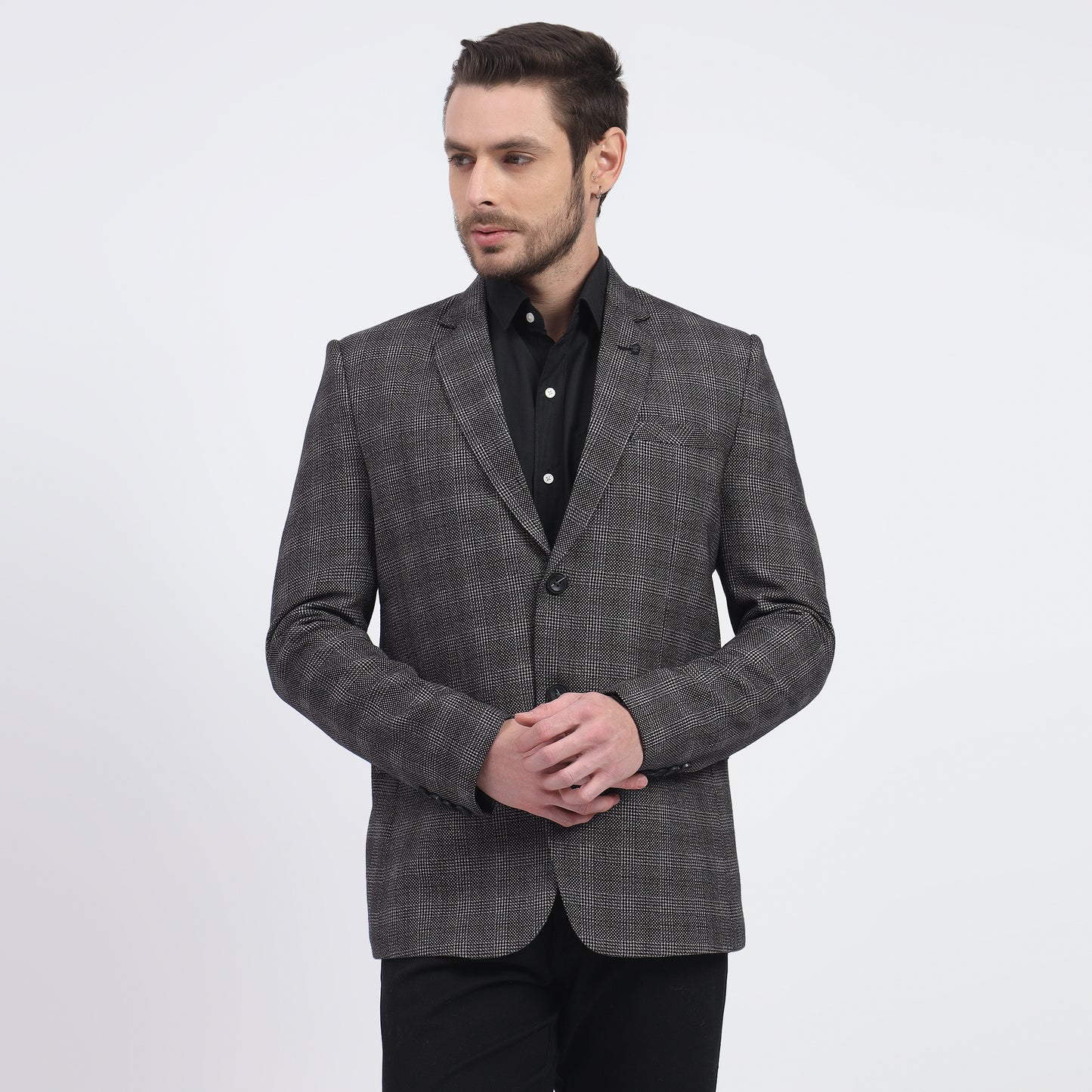 DareLooks black tweed blazer with check pattern, perfect for all occasions.
