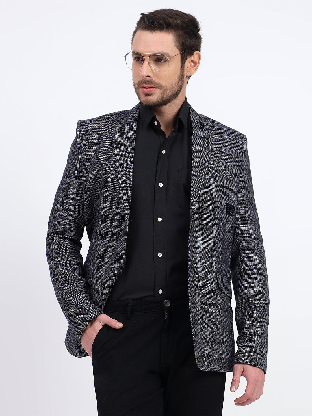 Darelooks Men's Slim Fit Checked Tweed Blazer for Office Wear (Blue)
