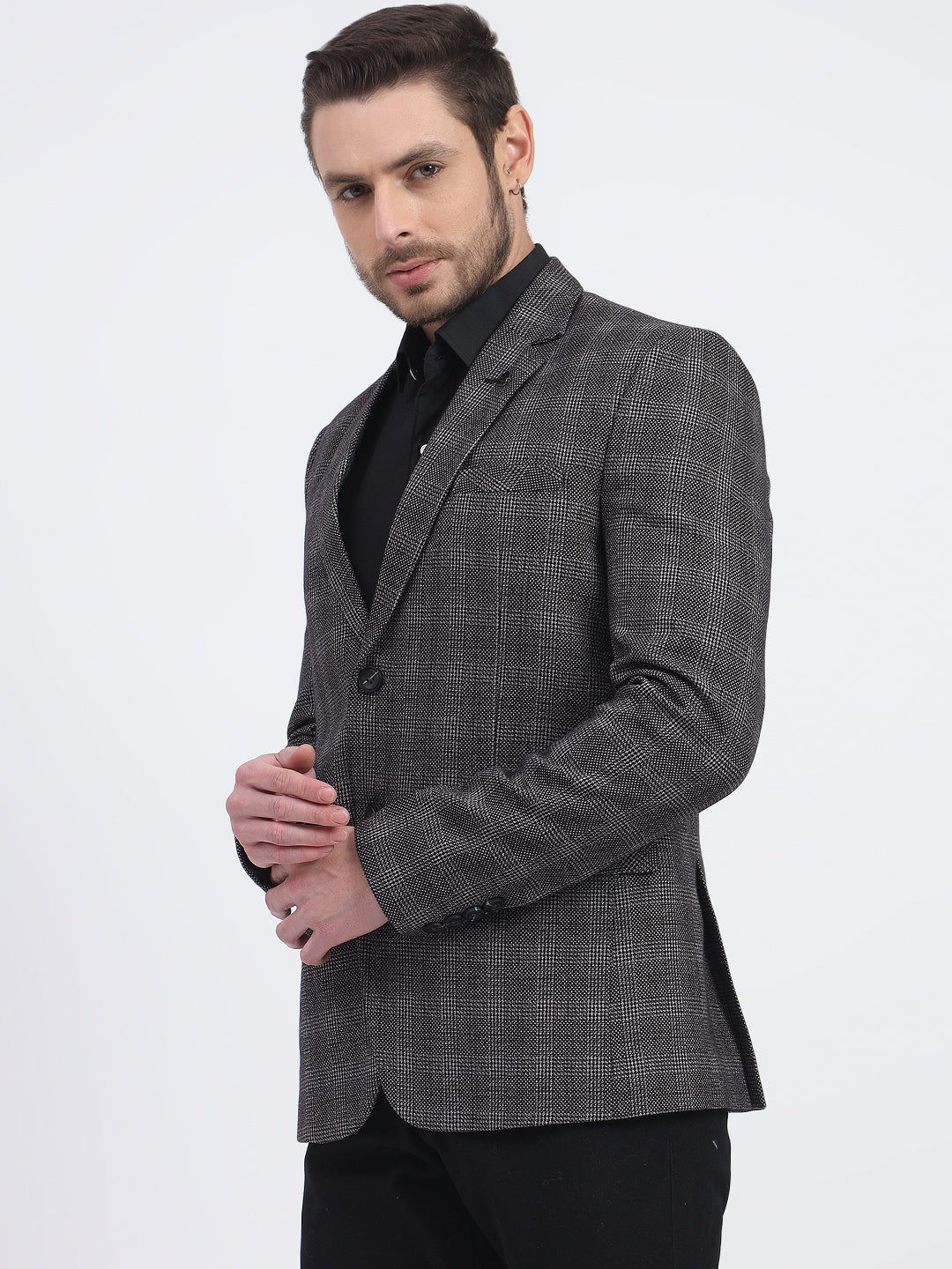 Darelooks Men's Slim Fit Checked Tweed Blazer for Office Wear (Black)