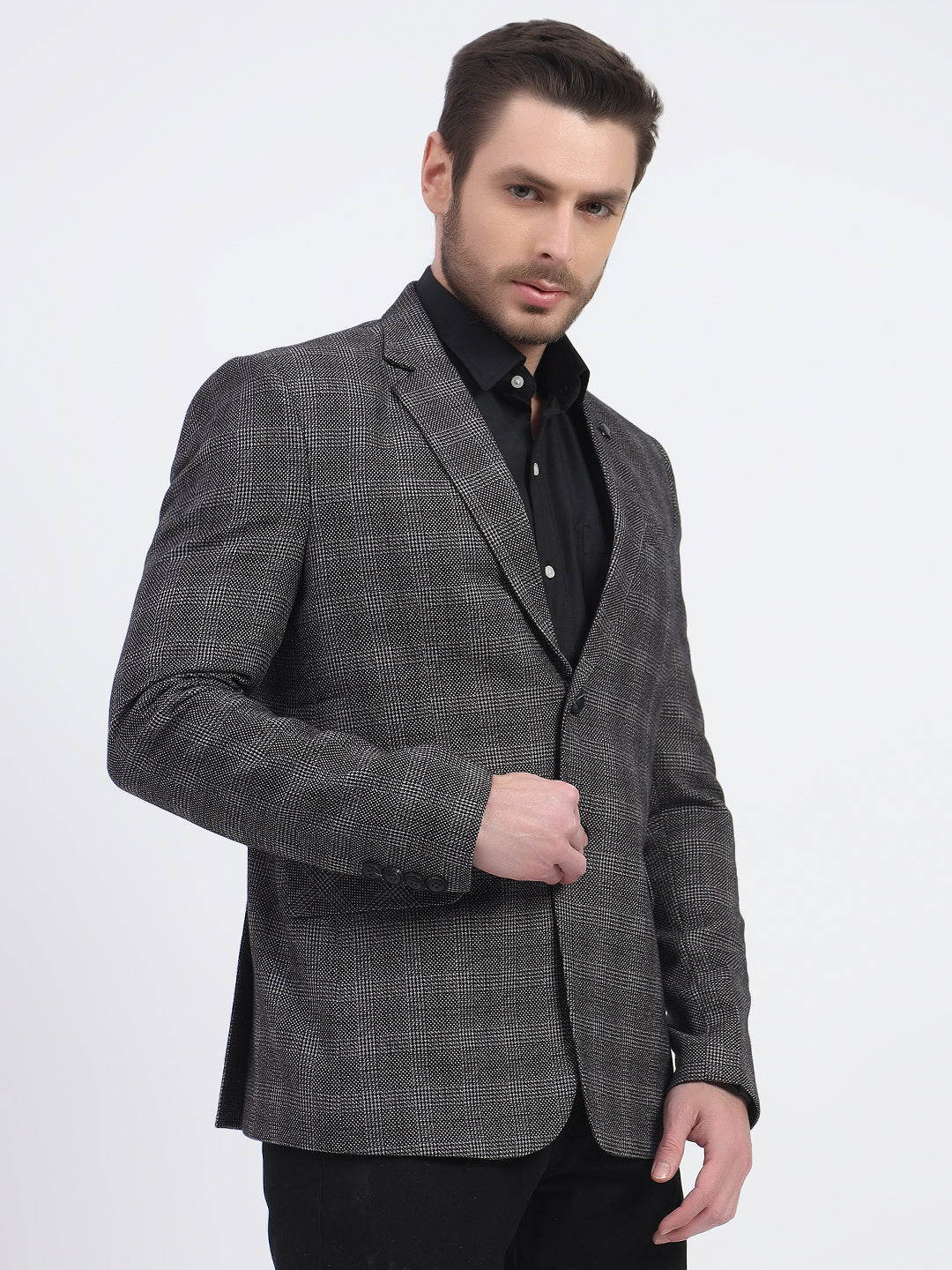 Darelooks Men's Slim Fit Checked Tweed Blazer for Office Wear (Black)