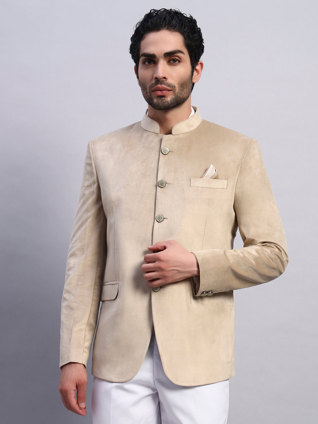 Men's Beige Velvet Bandhgala Party Wear Blazer