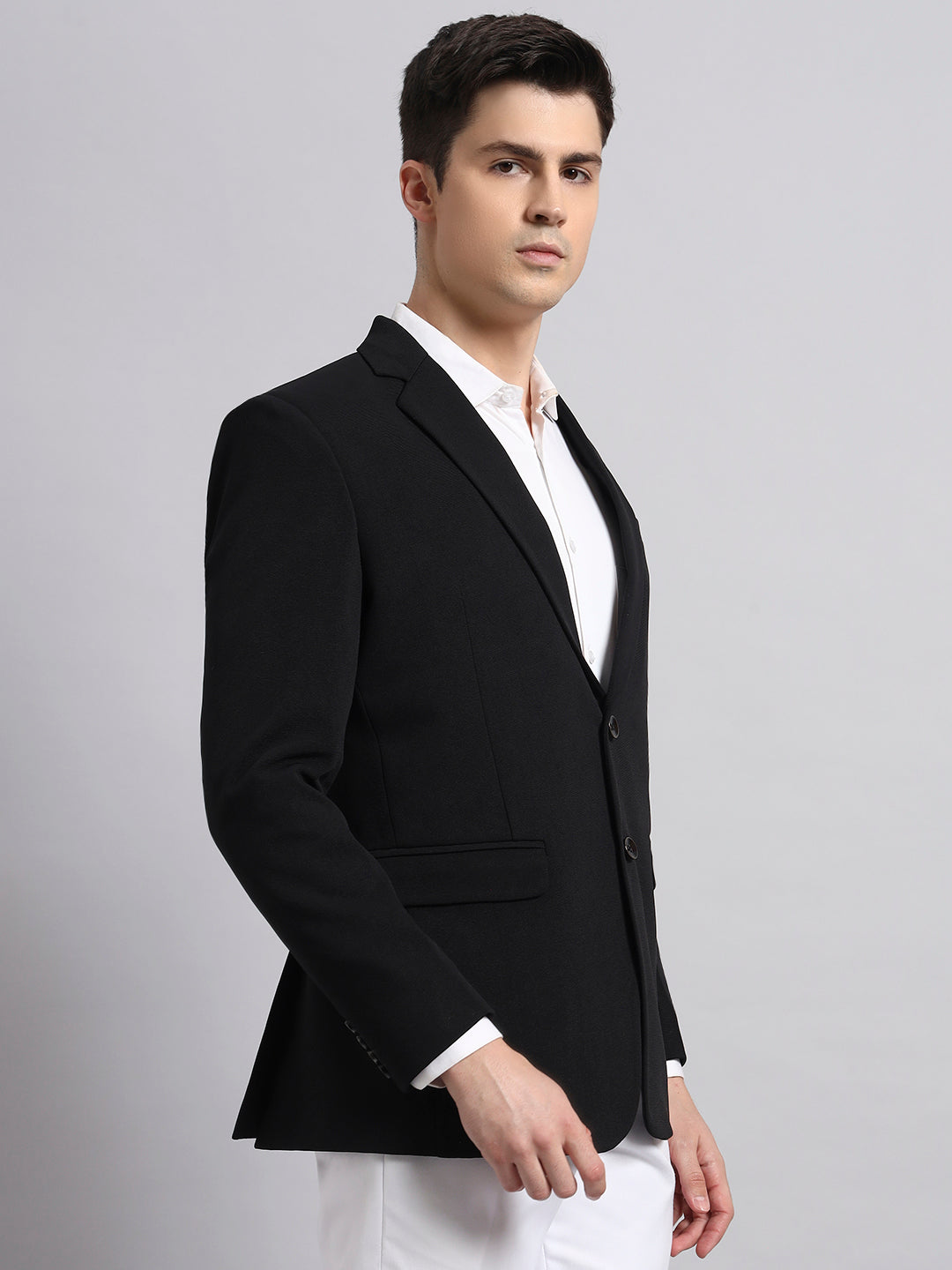 Premium black stretchable blazer styled for power dressing