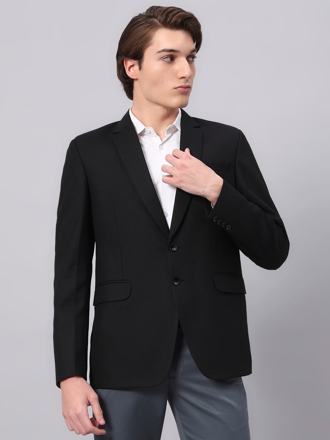 Men wearing black viscose blazer in classic formal style
