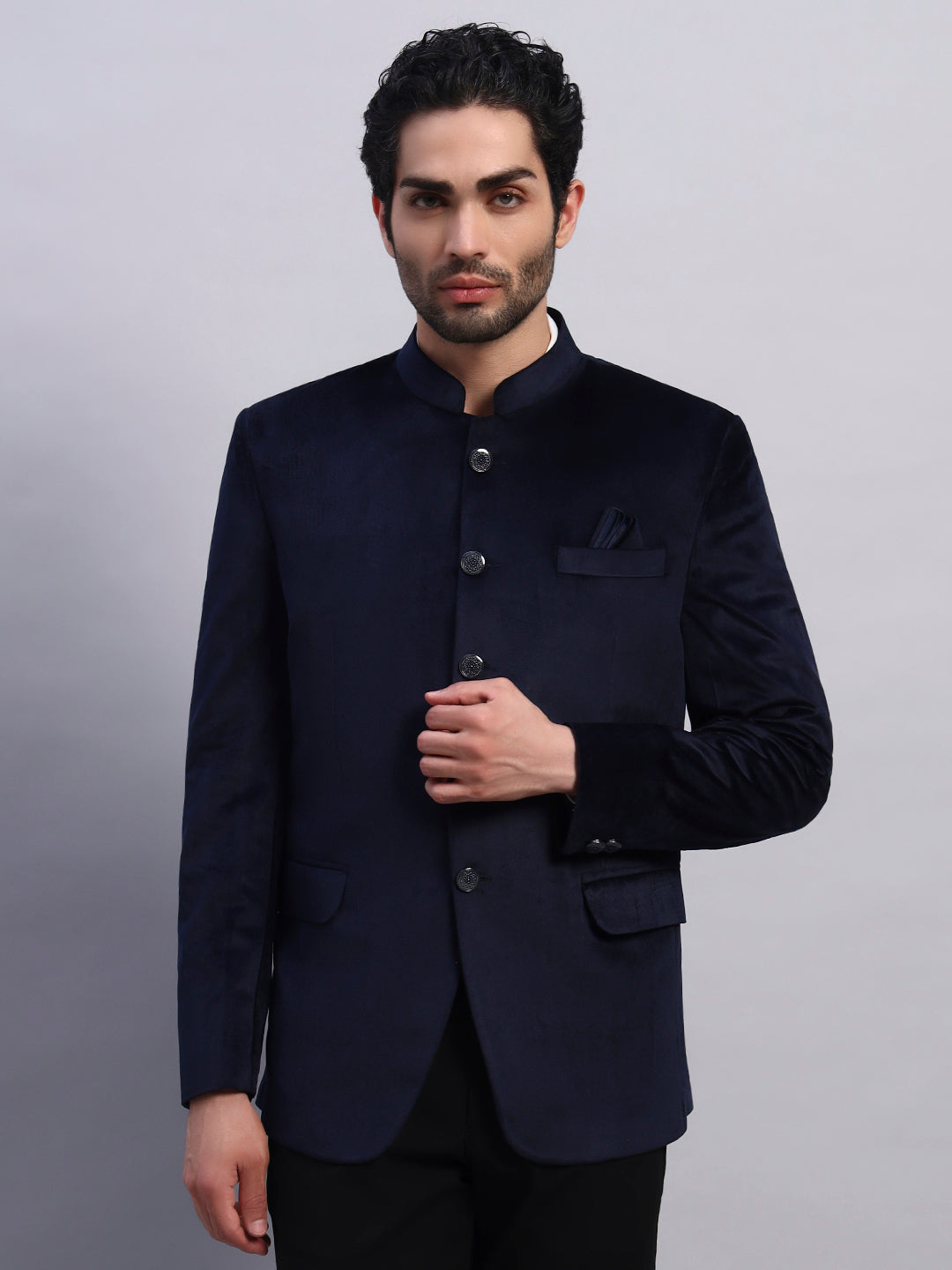 Men's Blue Velvet Bandhgala Party Wear Blazer