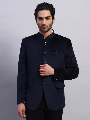 Men's Blue Velvet Bandhgala Party Wear Blazer