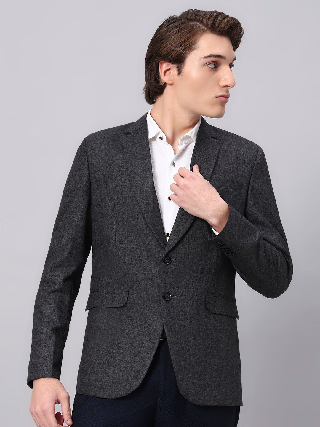 Men wearing charcoal grey viscose blazer in executive style look