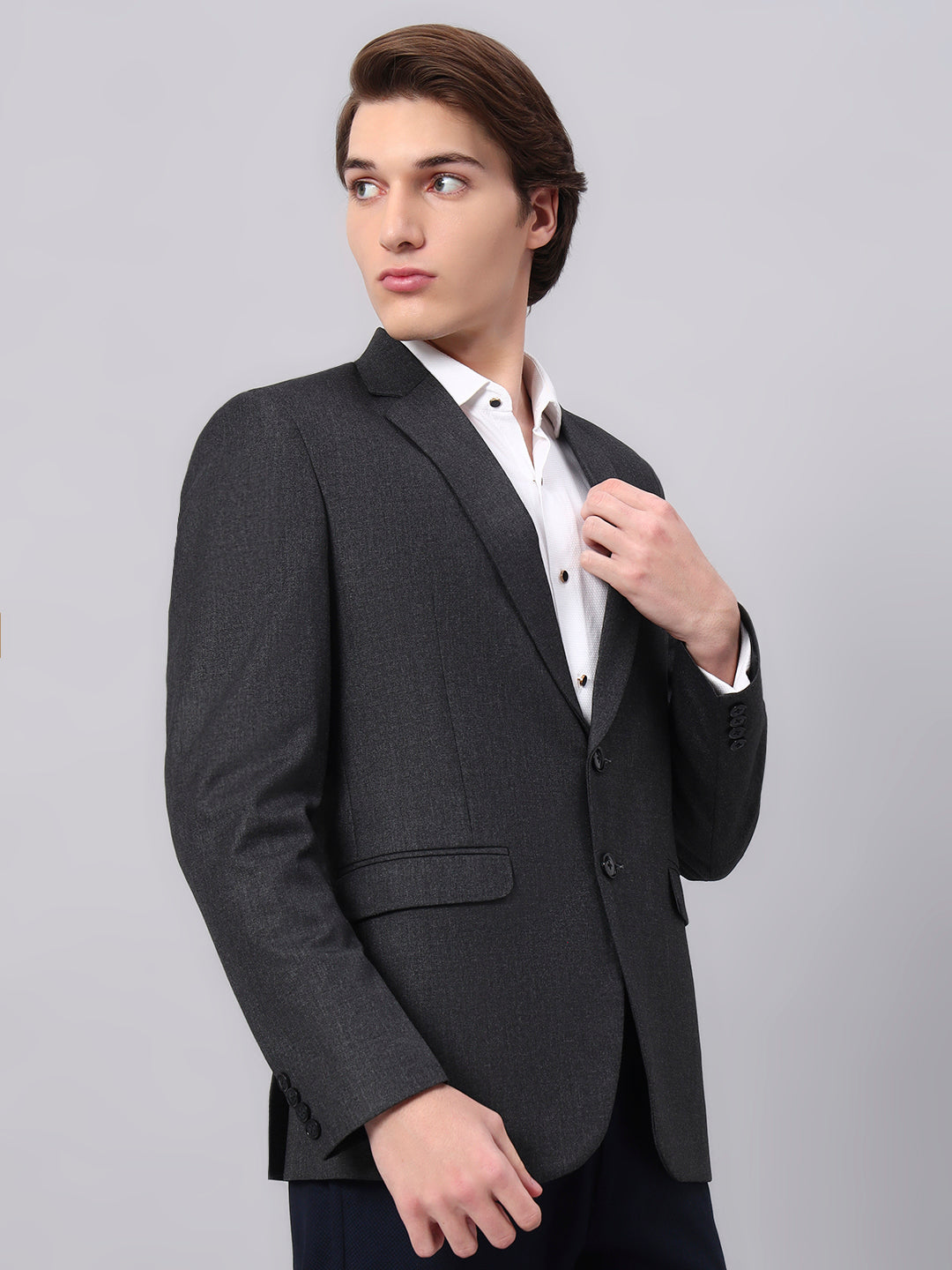 Smart casual styling with charcoal grey formal blazer