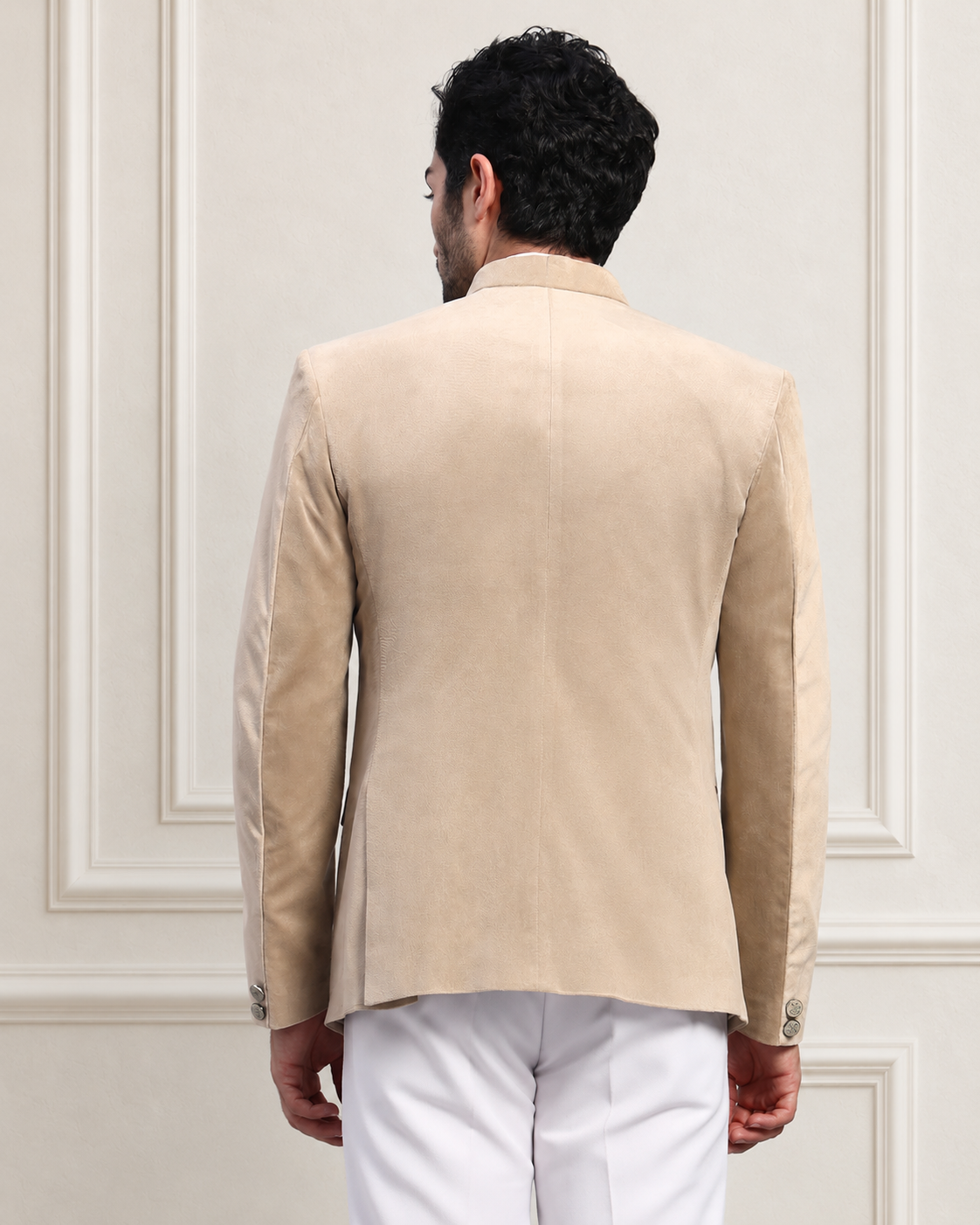 Men's Beige Velvet Bandhgala Party Wear Blazer