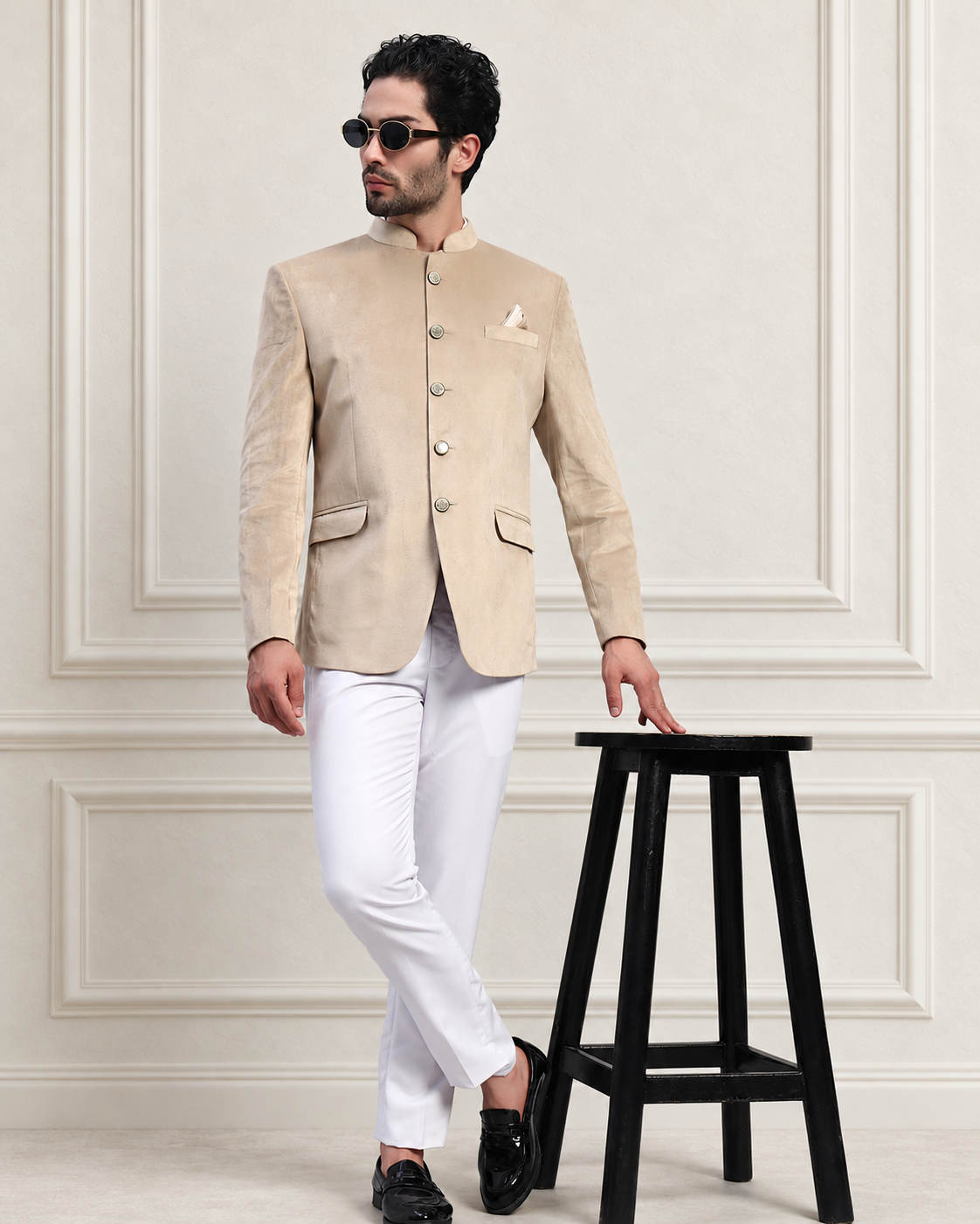 Men's Beige Velvet Bandhgala Party Wear Blazer
