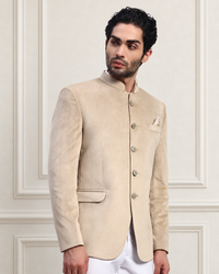 Men's Beige Velvet Bandhgala Party Wear Blazer