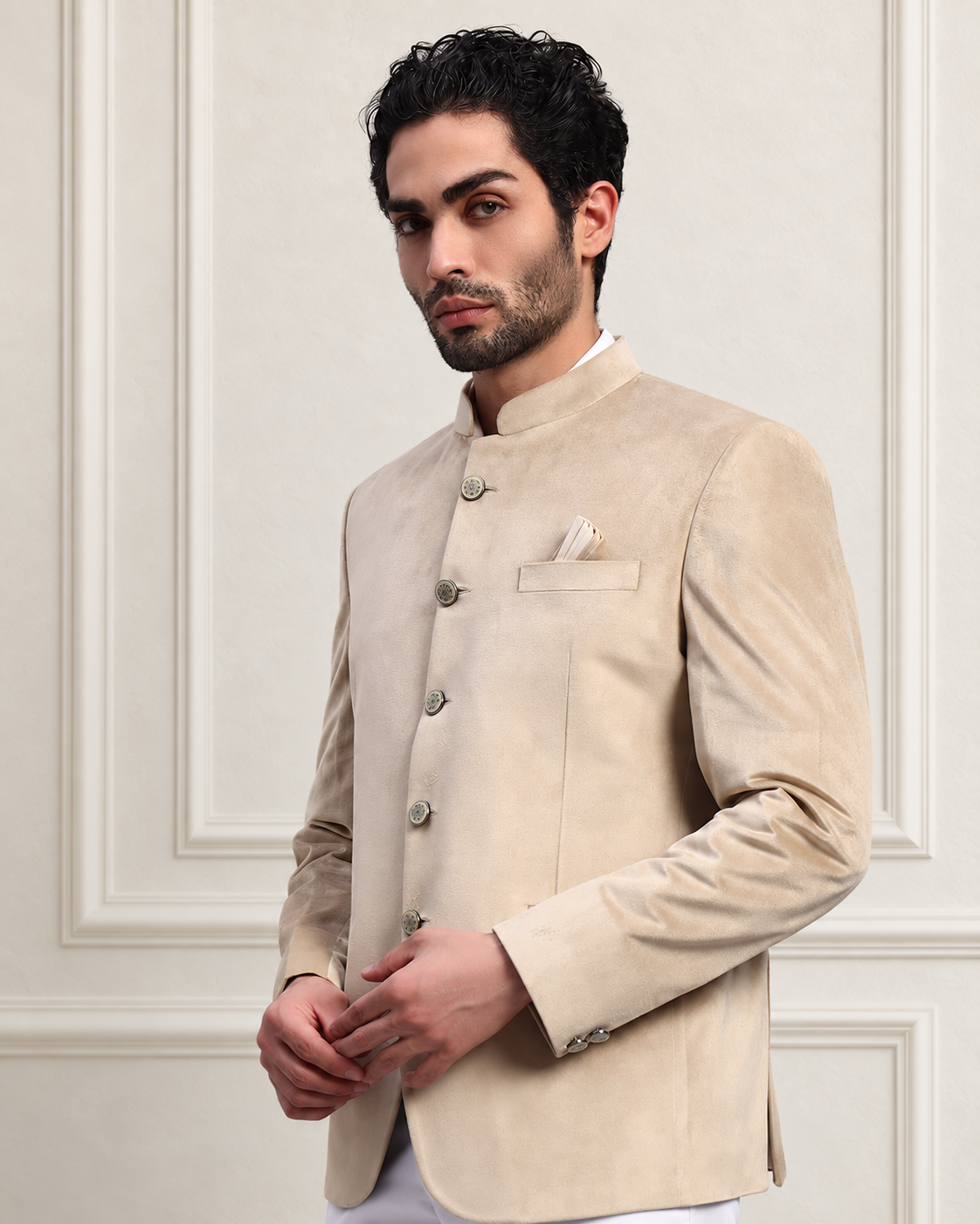 Men's Beige Velvet Bandhgala Party Wear Blazer