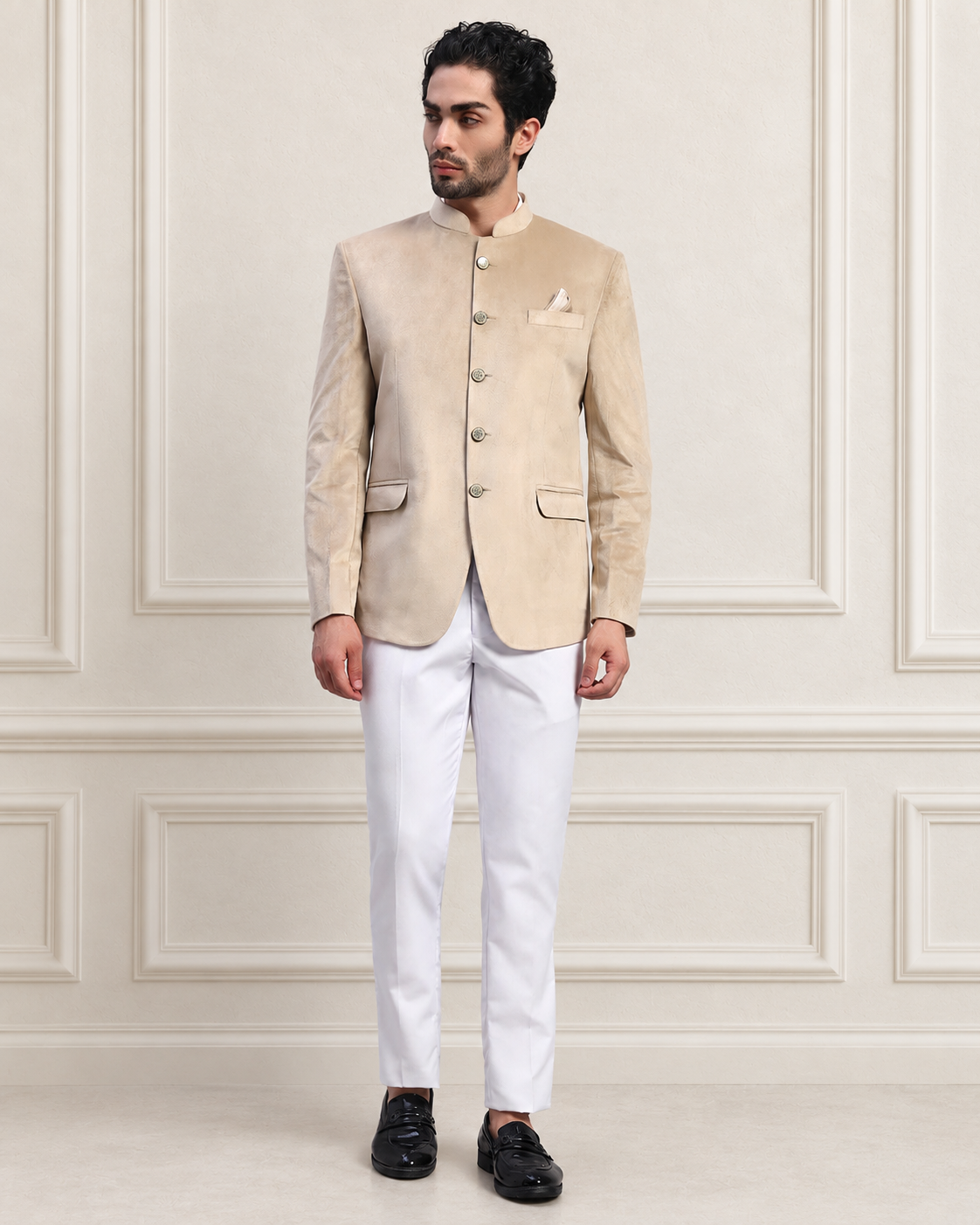 Men's Beige Velvet Bandhgala Party Wear Blazer