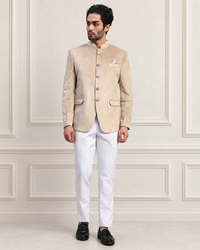 Men's Beige Velvet Bandhgala Party Wear Blazer