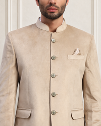 Men's Beige Velvet Bandhgala Party Wear Blazer