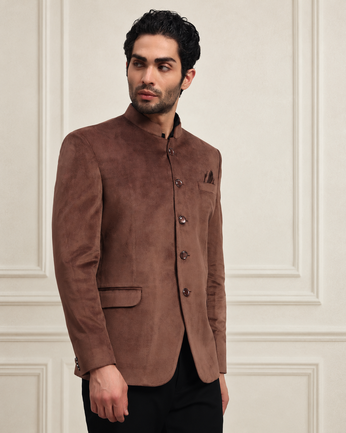 Men's Brown Velvet Bandhgala Party Wear Blazer