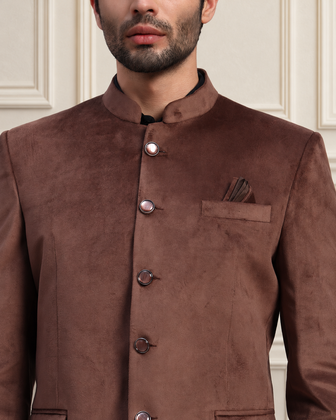 Men's Brown Velvet Bandhgala Party Wear Blazer