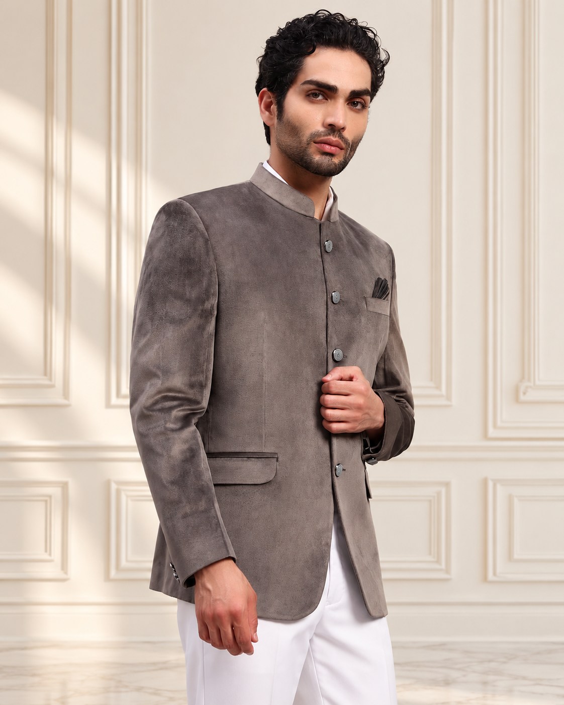 Men's Grey Velvet Bandhgala Party Wear Blazer