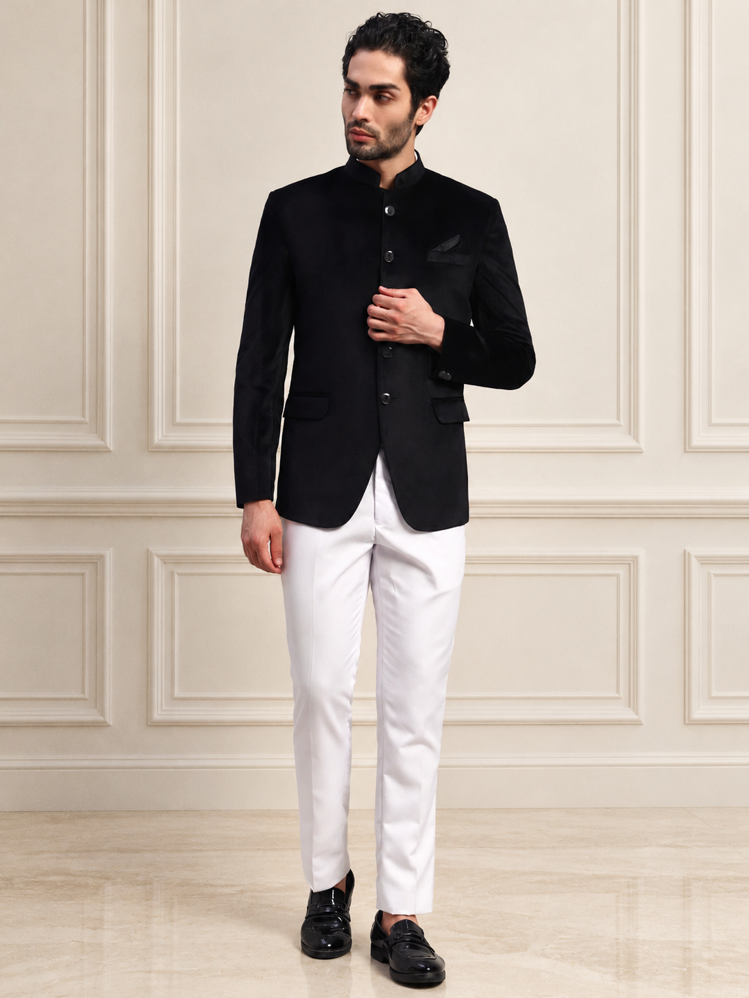 Men's Black Velvet Bandhgala Party Wear Blazer