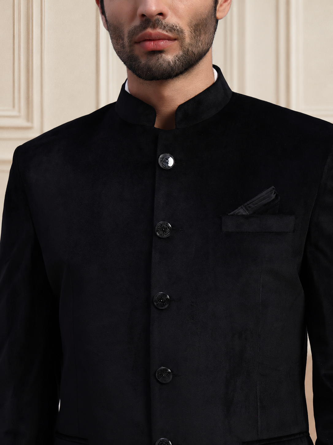 Men's Black Velvet Bandhgala Party Wear Blazer