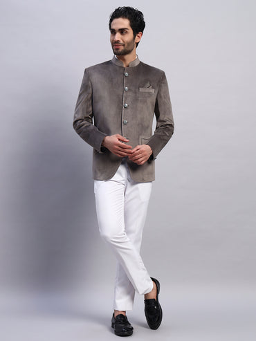 Men's Grey Velvet Bandhgala Party Wear Blazer
