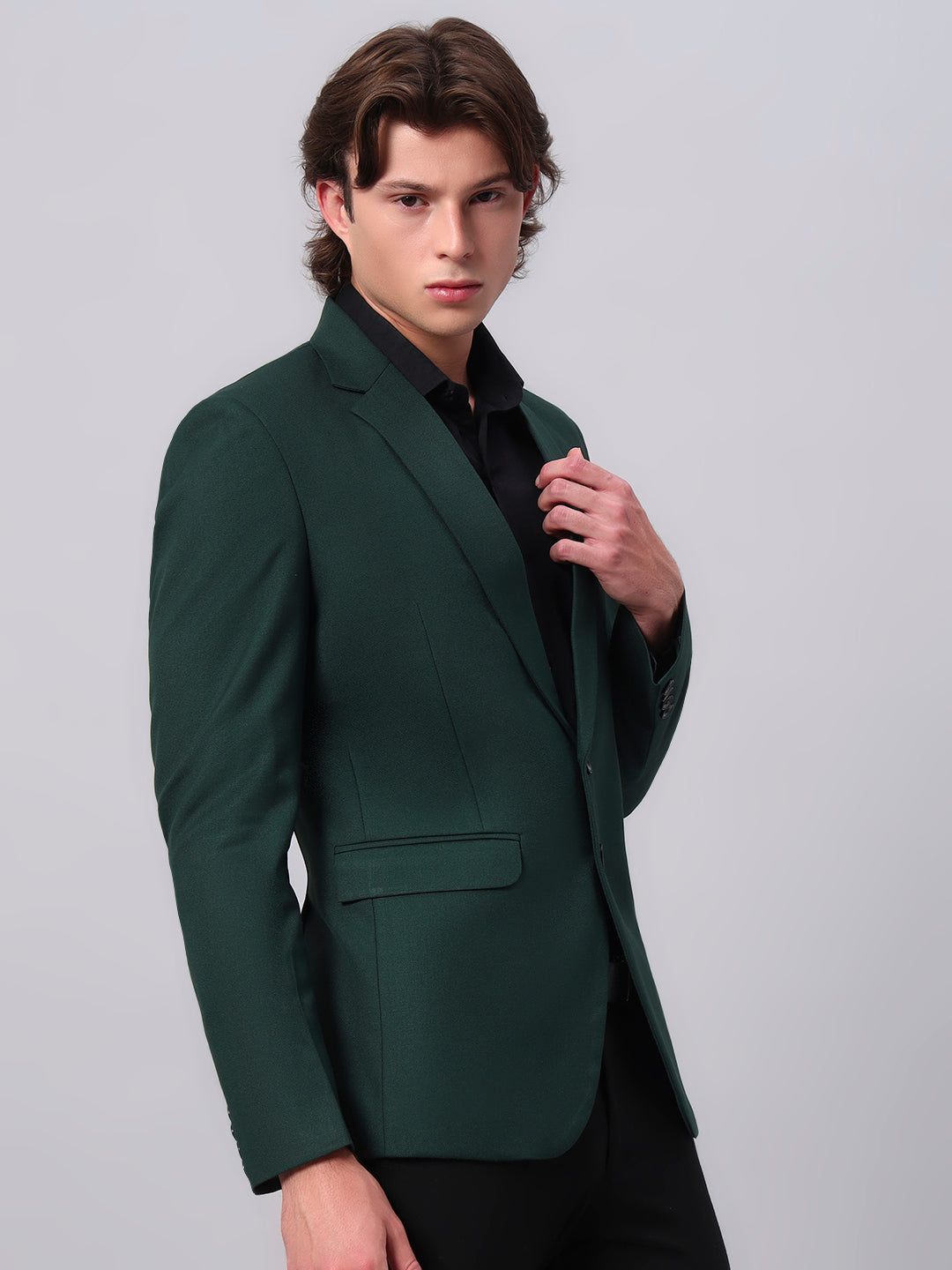 Minimal modern styling with green viscose blazer