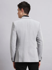 Close view of stretchable fabric used in premium grey blazer