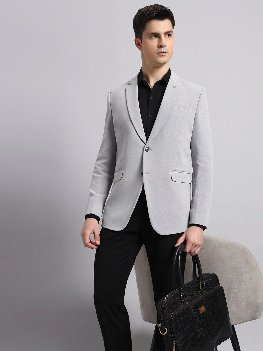 Premium grey stretchable blazer for men styled in modern fashion look