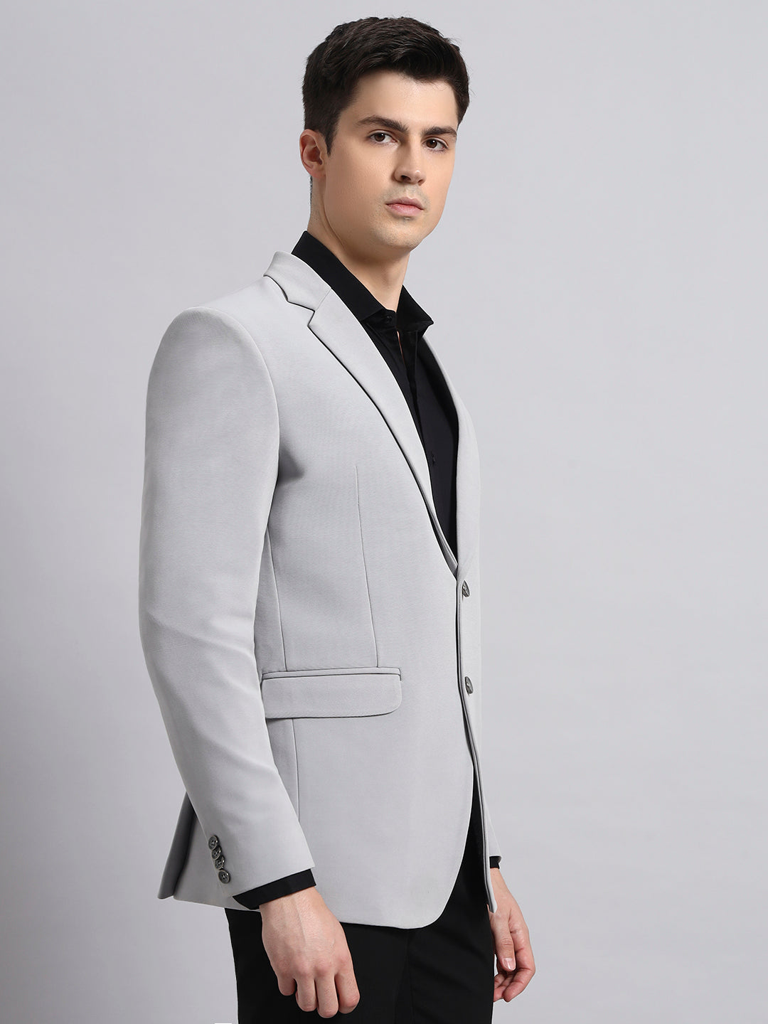 Elegant studio photoshoot of men wearing grey stretch blazer